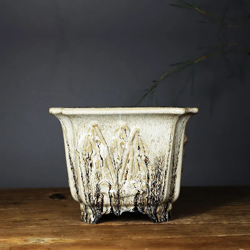 Square ceramic decals stoneware flower pot 22cm, green glaze change finish, placed on wooden desktop with small plant inside
