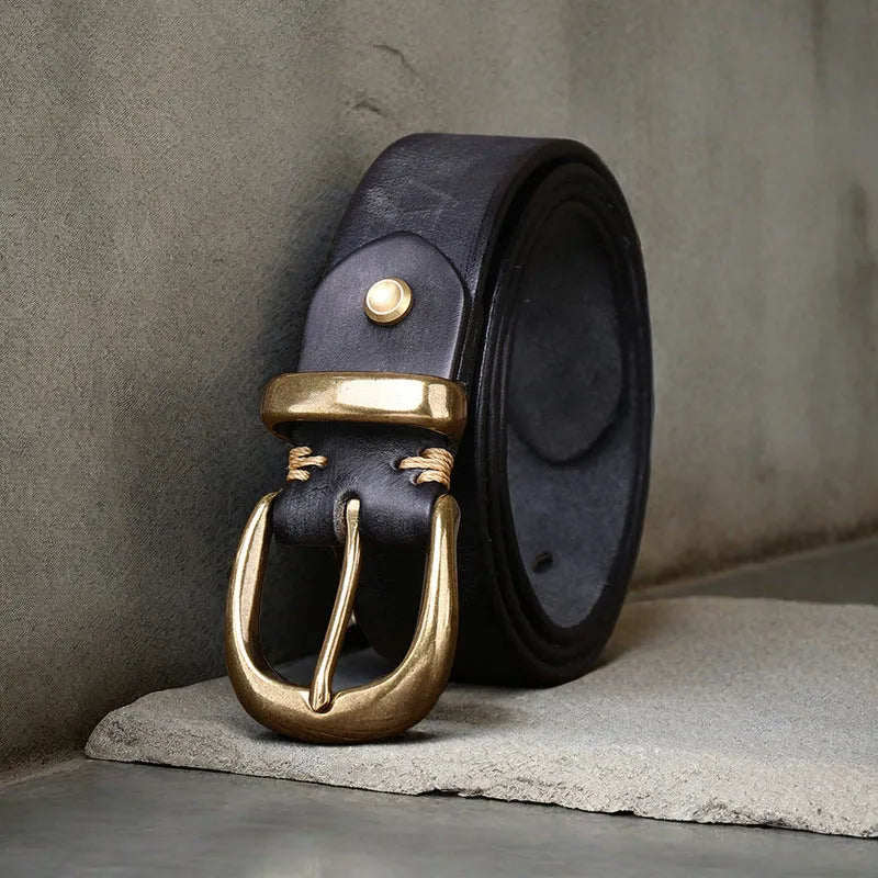 Men's casual leather belt in cattlehide with copper buckle shown in black, brown, and khaki colours