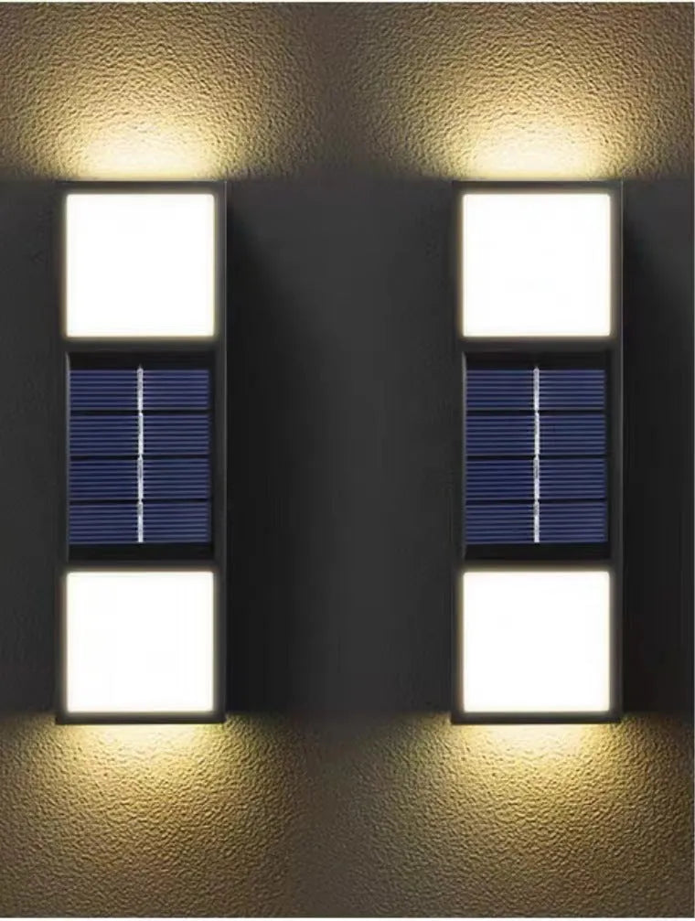 Solar outdoor wall lamp in ABS, 63 x 120 x 30mm, waterproof, bidirectional sensing, 20 lumen, warm or white light