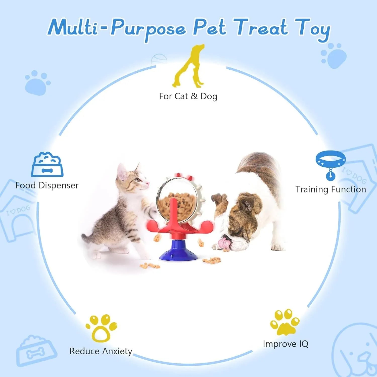 Blue interactive pet puzzle feeder toy with spinner and strong suction cup base.
