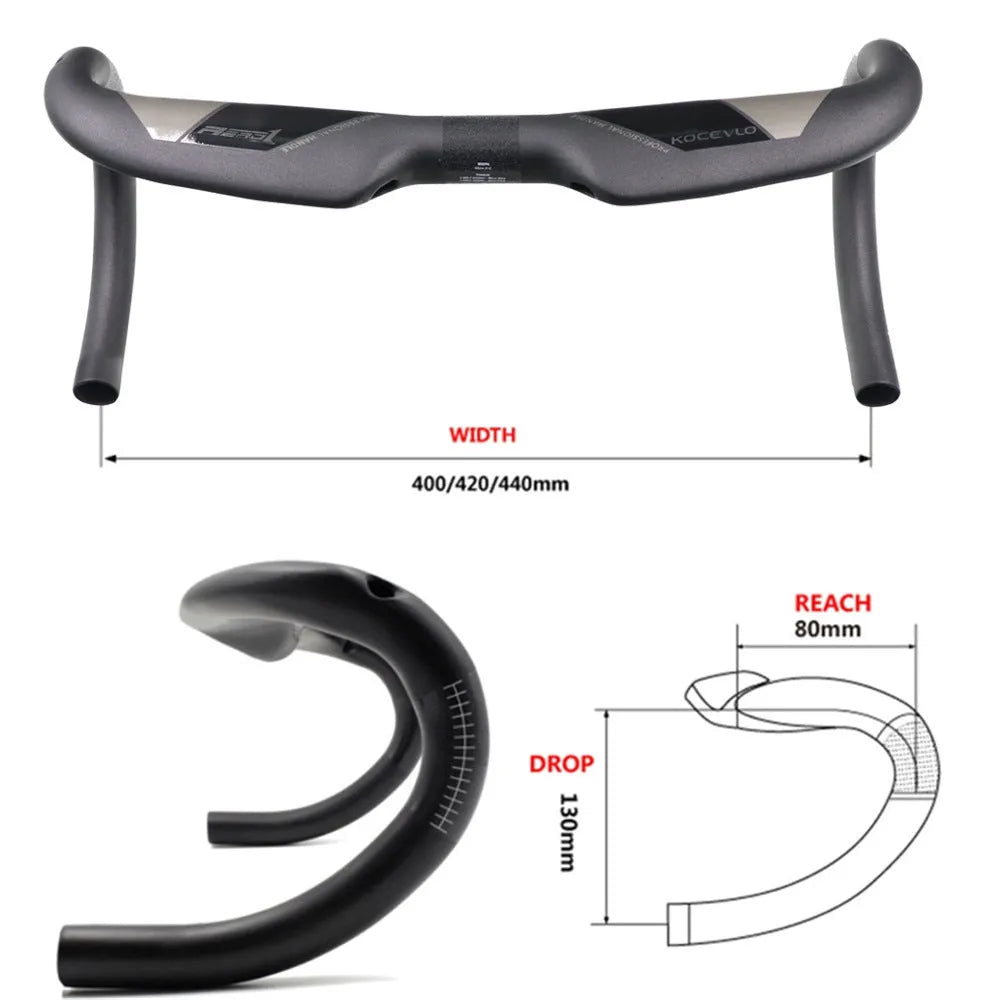 Matt black carbon fibre road bike drop handlebar shown from above.
