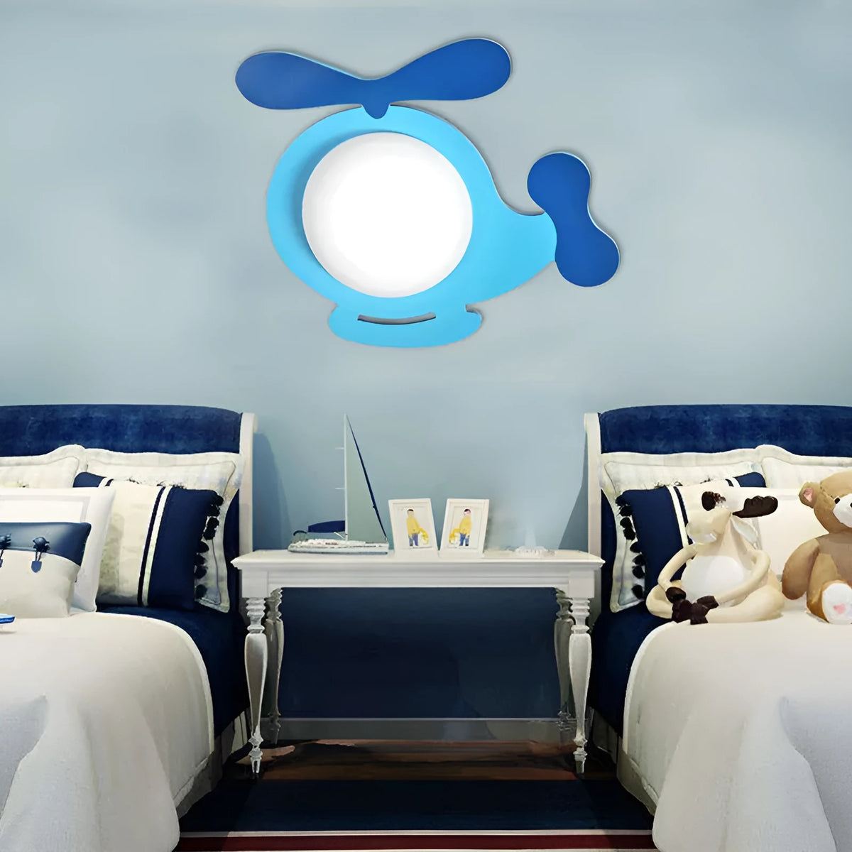 Children's wall lamp with cartoon modelling, glass lampshade, iron and wood body, LED light source, 33x36x8cm, 220V