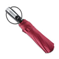 Closed and open views of triple folding business umbrella with 10 steel ribs and vinyl fabric in black navy and wine red