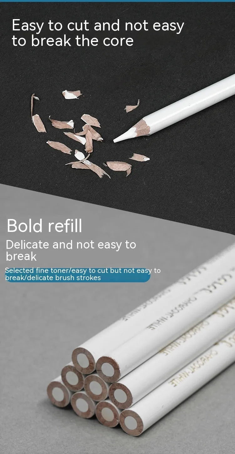 Three white charcoal pencils in wooden casings for drawing highlights on dark paper