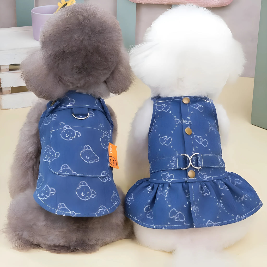 Small white Bichon dog wearing a denim princess dress with bracket skirt design