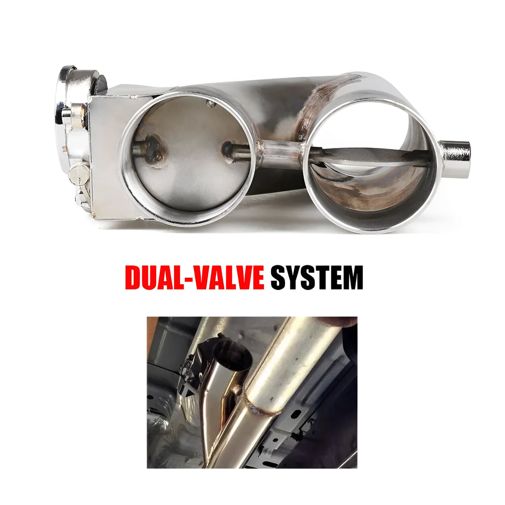 Silver stainless steel electronic control double valve exhaust pipe, 290mm length, shown for car modification use