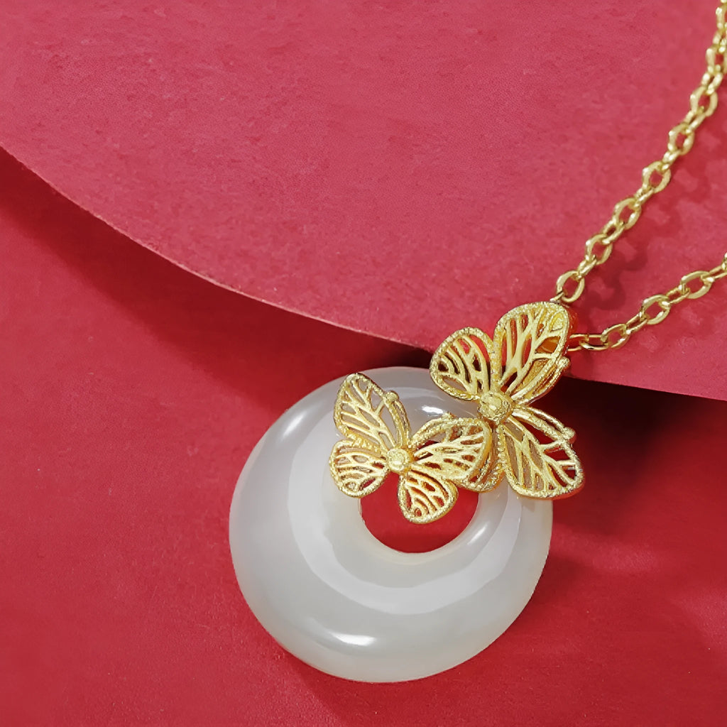 Hetian jade 925 silver butterfly dream peace buckle pendant necklace