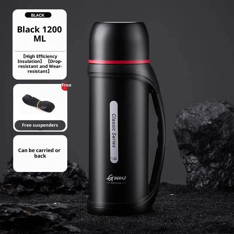 1200ml stainless steel insulated travel mug with double lid in black green or natural colour