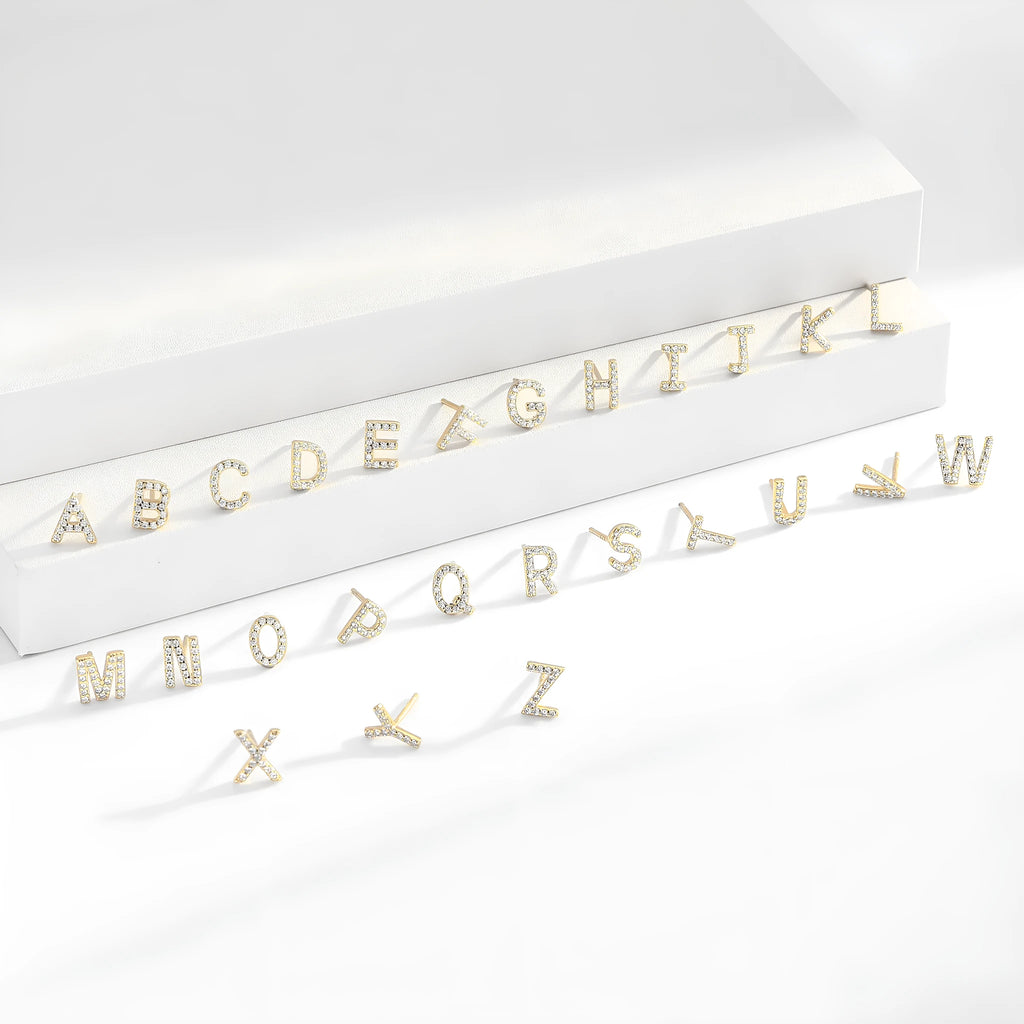Pair of 925 silver English letter ear studs with electroplated gold or platinum colour finish for women