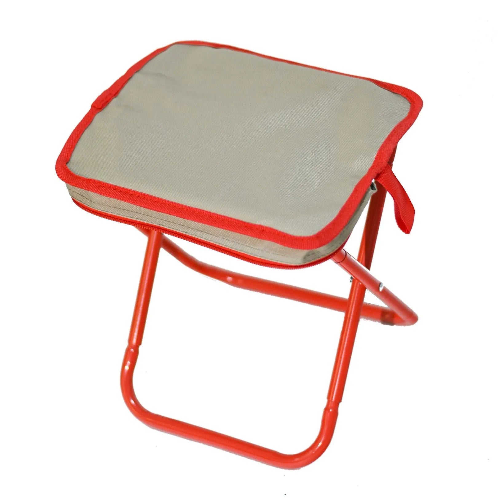 Compact foldable outdoor stool in khaki colour with oxford cloth seat, shown in folded and unfolded states.