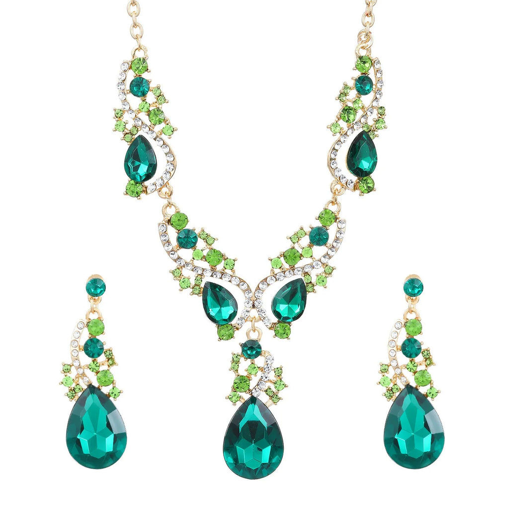 Emerald necklace and earring set with rhinestone detailing, alloy pendant, regular chain, KC gold or white