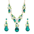 Emerald necklace and earring set with rhinestone detailing, alloy pendant, regular chain, KC gold or white