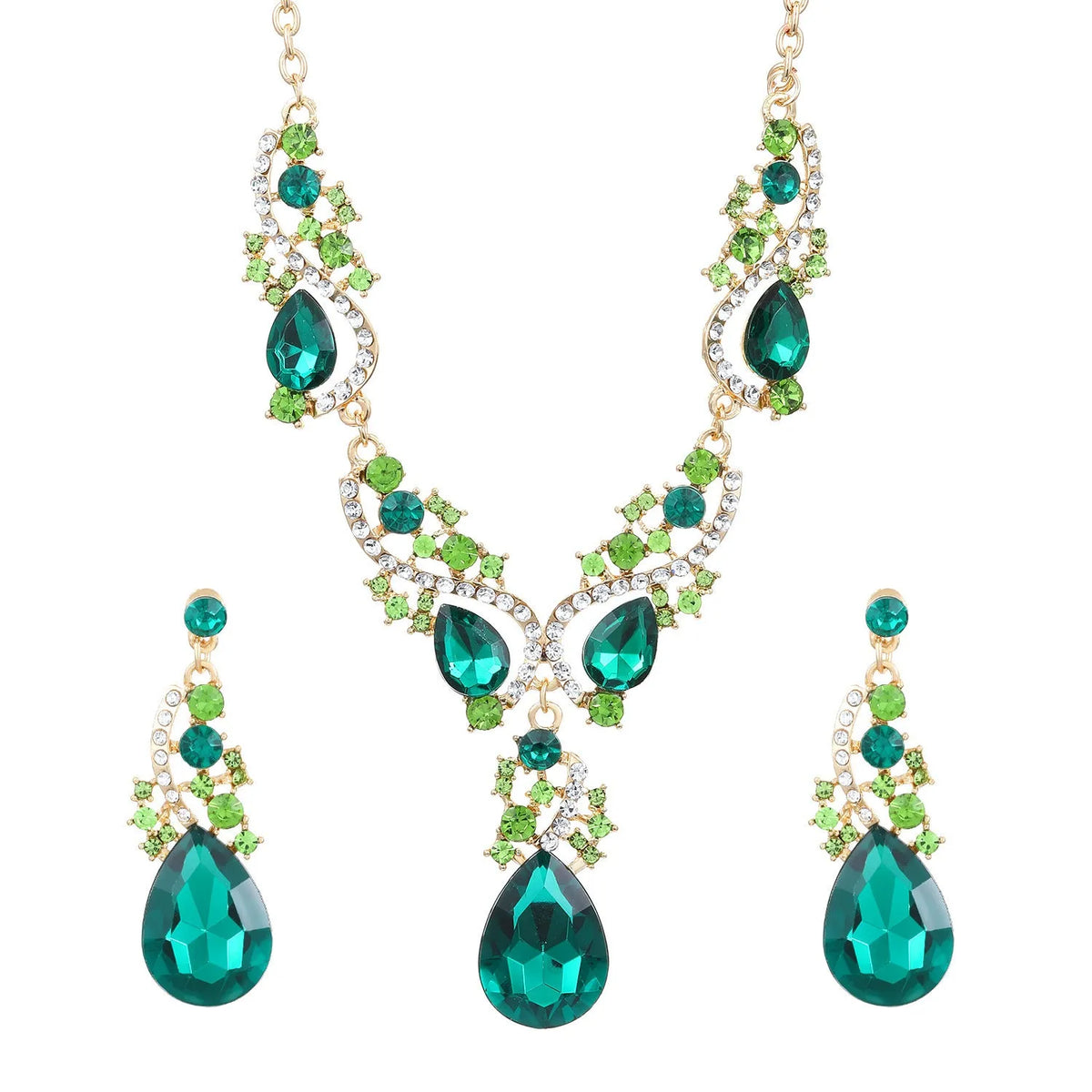 Emerald necklace and earring set with rhinestone detailing, alloy pendant, regular chain, KC gold or white