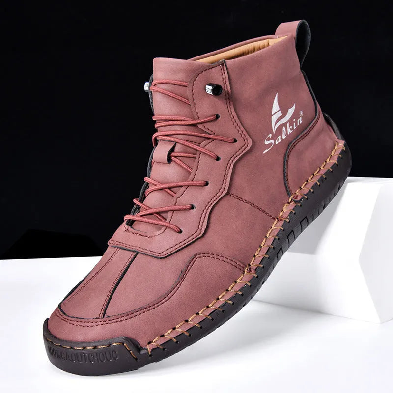 Beige high-top retro casual boots with elastic band and flat rubber sole.