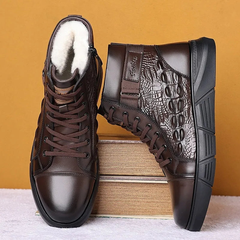 Women's black genuine leather snow boots with fur lining and velvet trim, front lace-up design