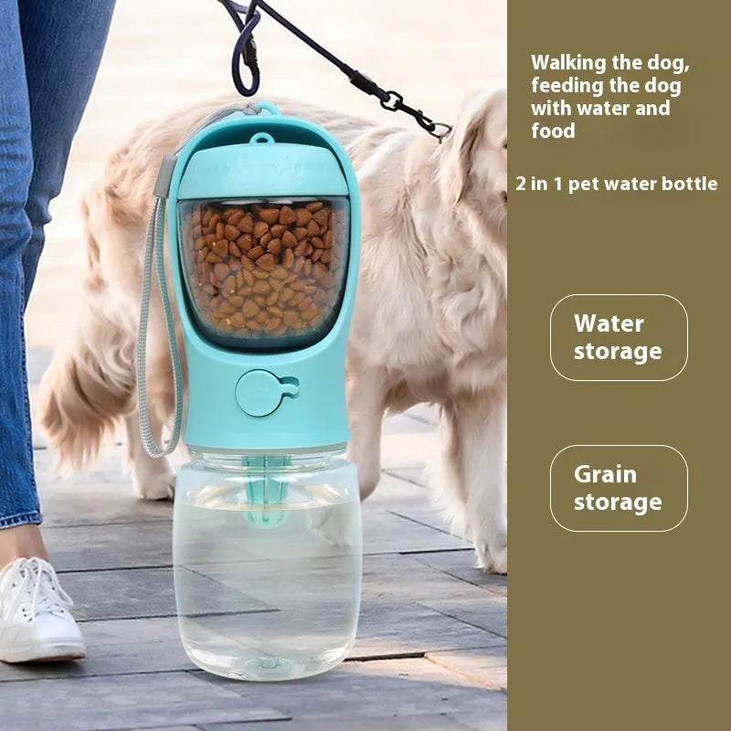 Portable dual-use dog water cup in plastic with split grain design, shown in blue colour