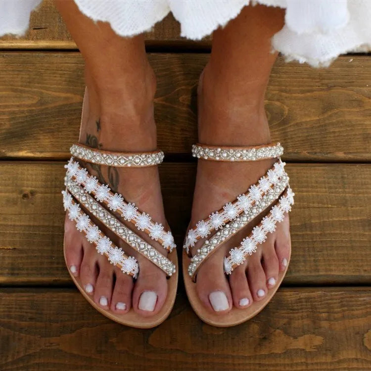 Women's flat mule sandals with rhinestone and lace beading, white or brown, sizes 35-43