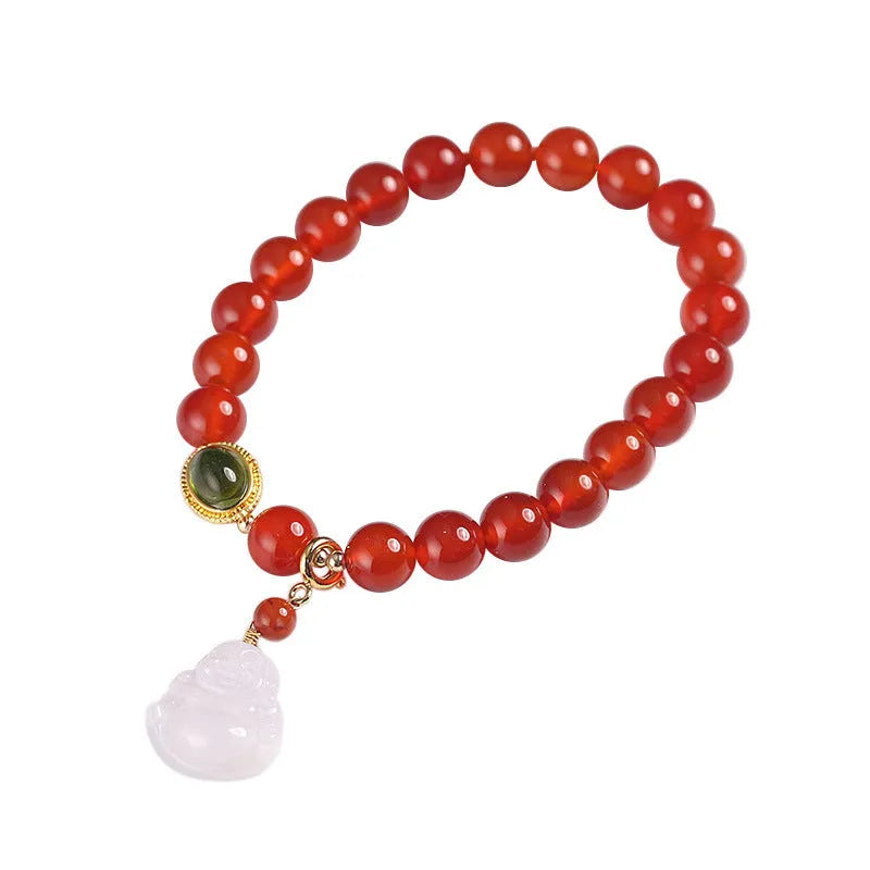 Chinese style women's bracelet with natural amber, red agate beads and gold Buddha charm
