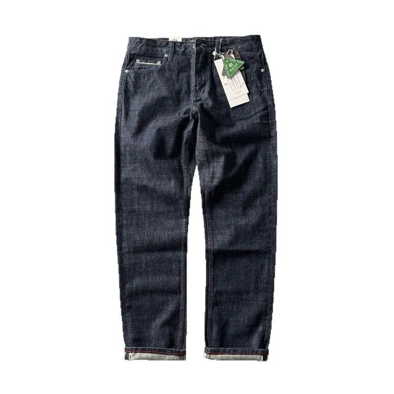 Men's straight leg cotton denim trousers in primary colour with mid-rise waist and retro American style.