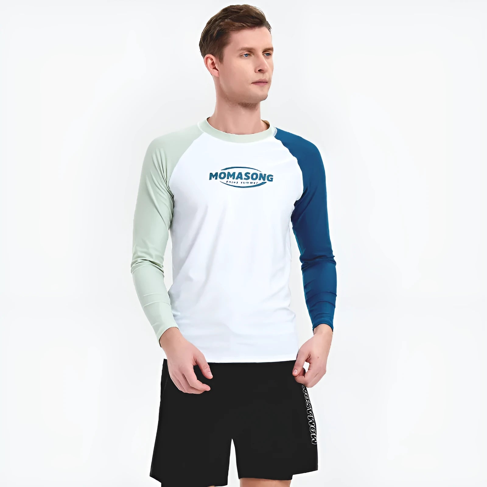 Men's white long-sleeved swim top with matching dual-layer swim trunks for beach sports