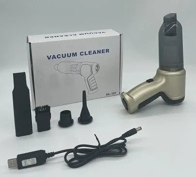 Handheld car vacuum cleaner with wireless charging dock in gold finish, showing compact 165x140x90mm dimensions