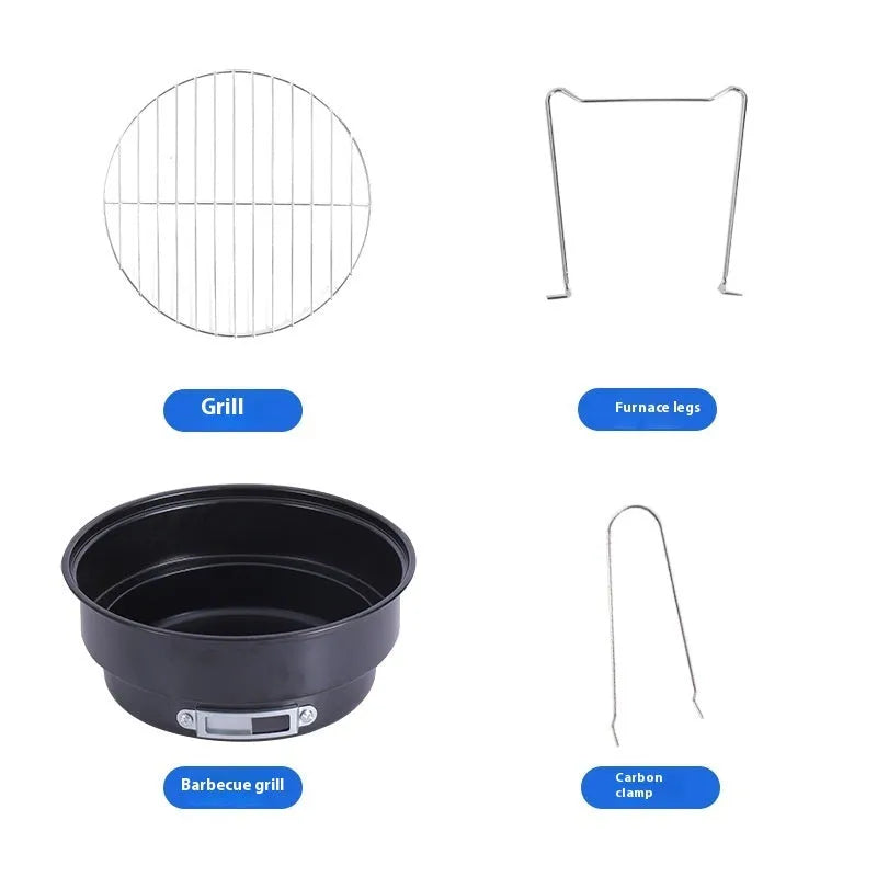 Small round folding ice stove with removable barbecue grill mesh and foldable furnace legs