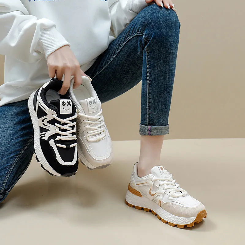 Women's black platform casual shoes with lace-up front and flat heel