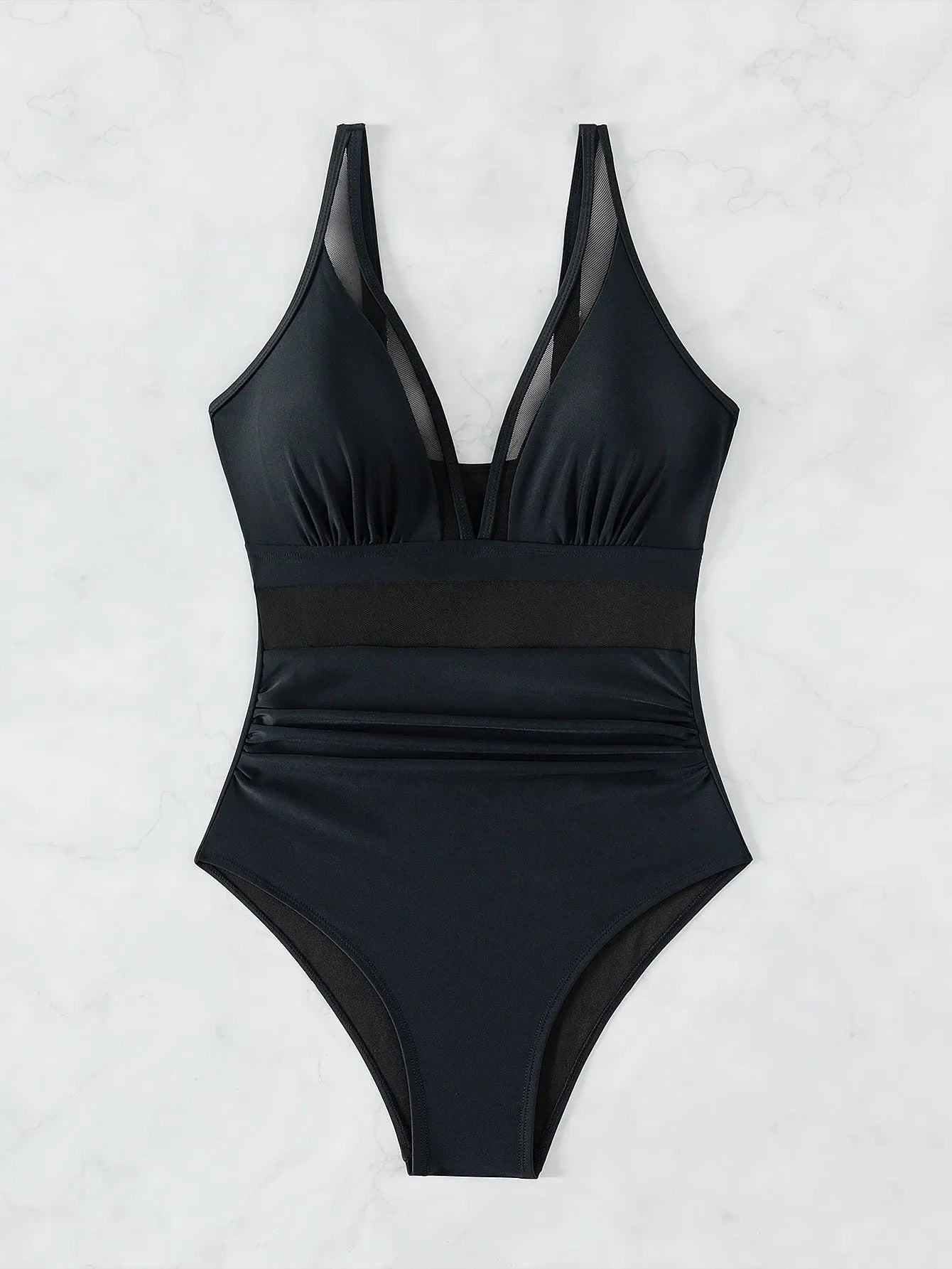 Black mesh halter neck one-piece swimsuit for women with briefs style