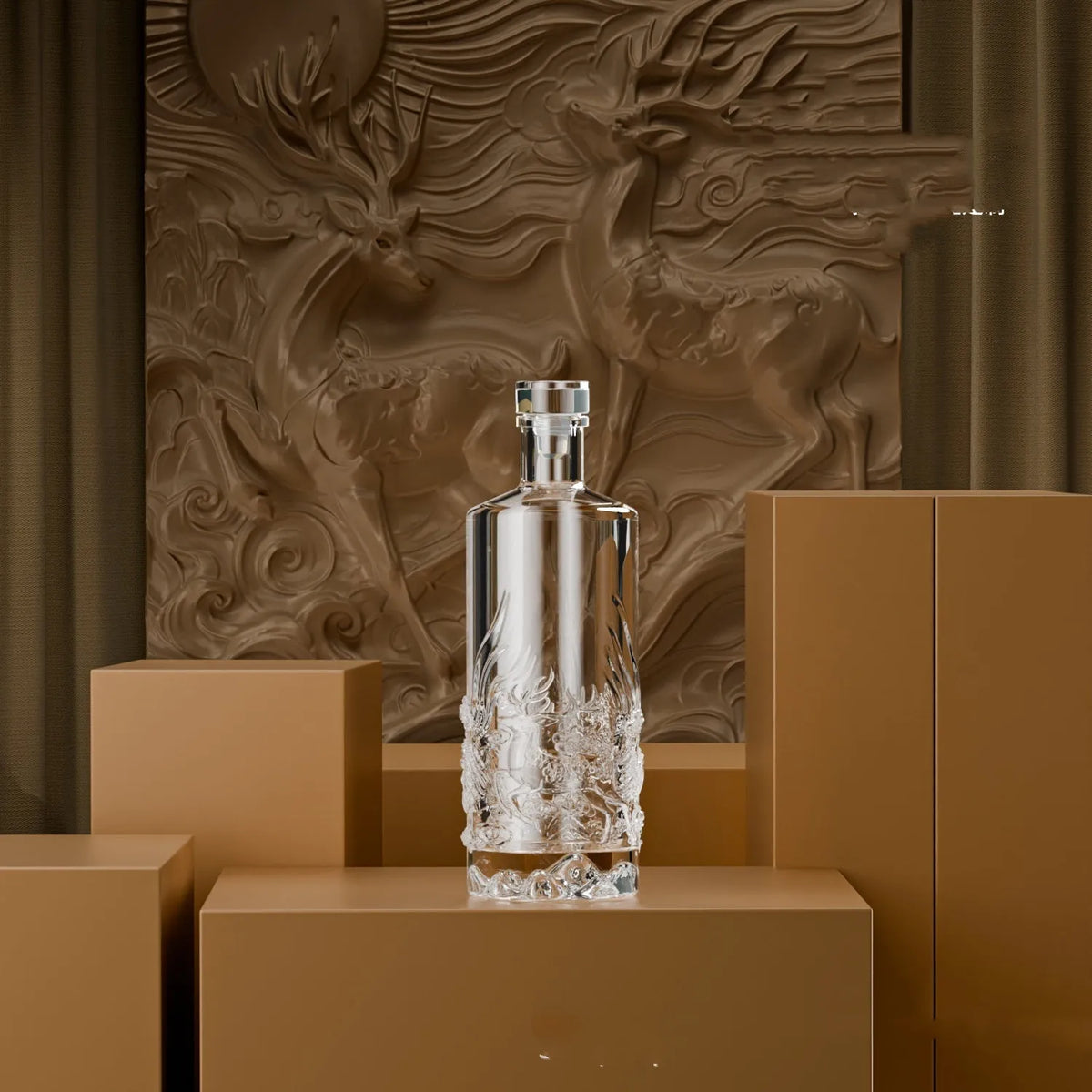 Two empty crystal glass wine bottles, cylindrical shape, with two wine boxes and one handbag, 2bottle set deer
