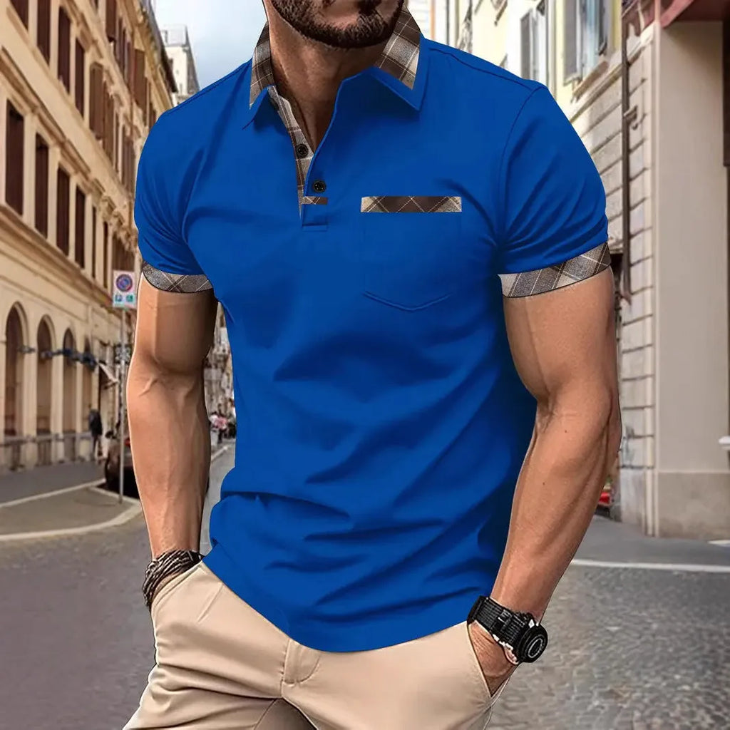 Men's plaid colourblock short sleeve T-shirt on hanger showing loose fit design