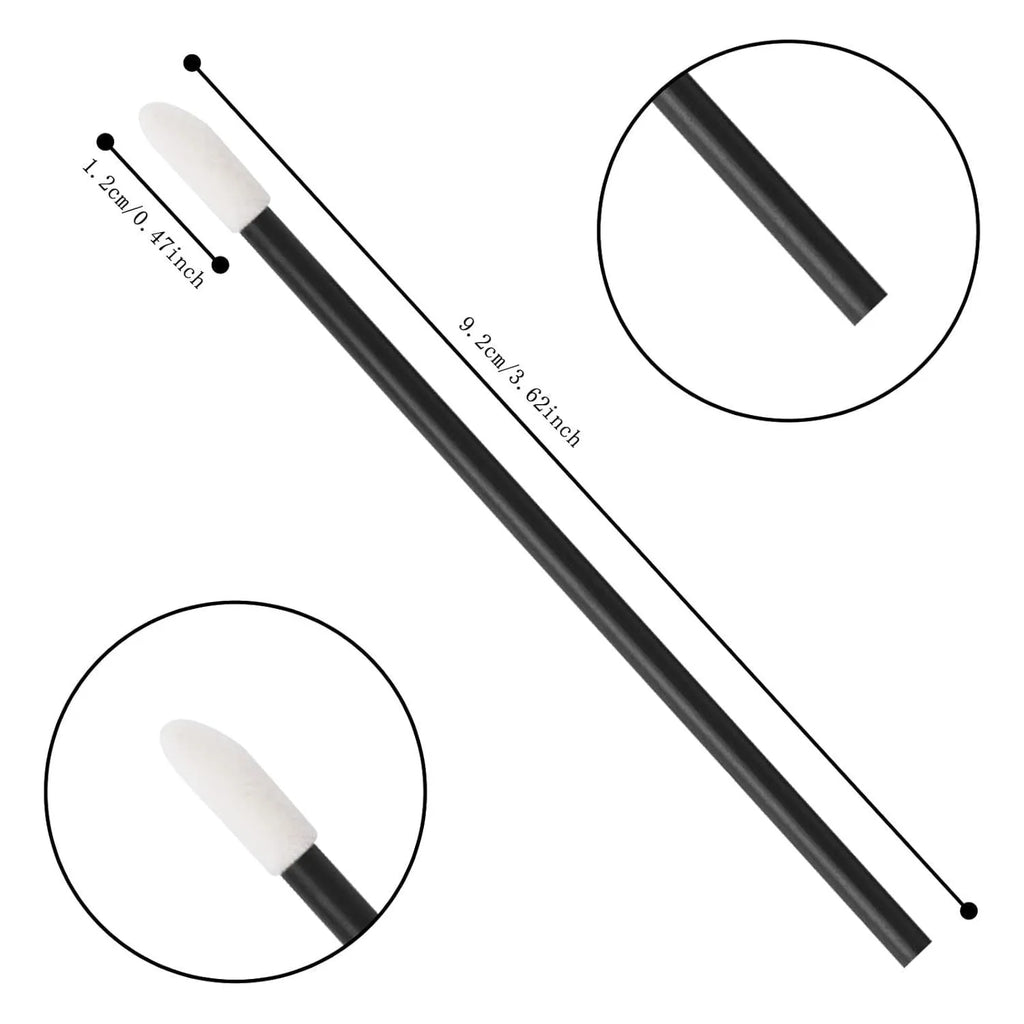 Pack of disposable lip brushes with flocked cotton heads and black plastic handles.