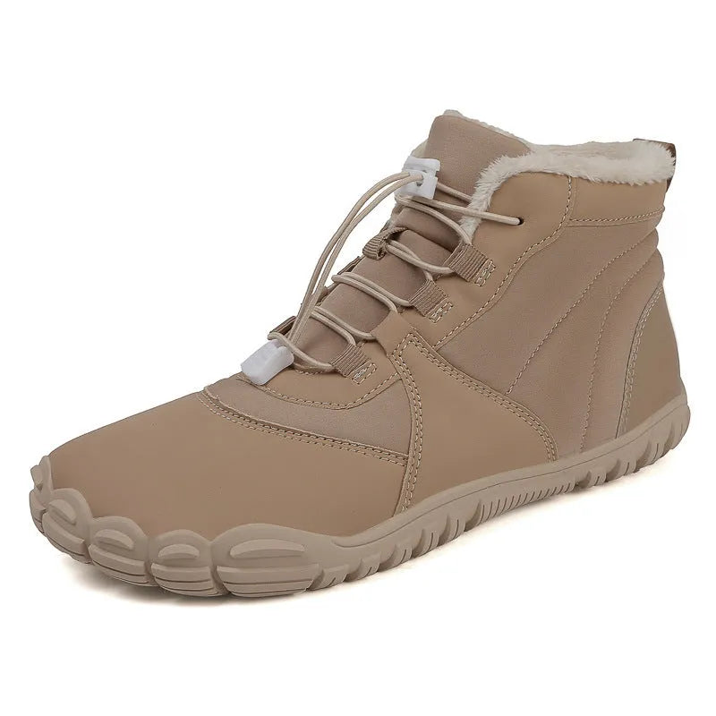 Outdoor snow boots in black, khaki, or pink with a lace-up front and rubber sole.