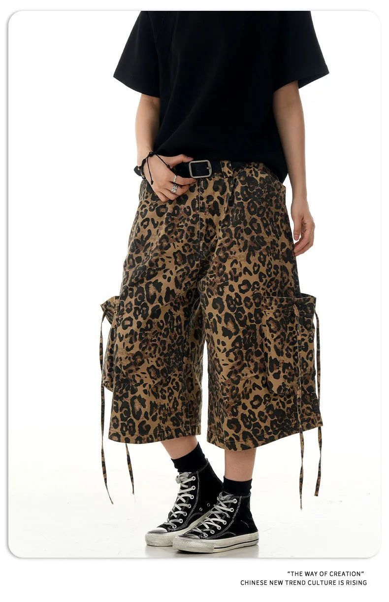 Leopard print high-waist cotton cropped pants with a loose straight leg and button front.