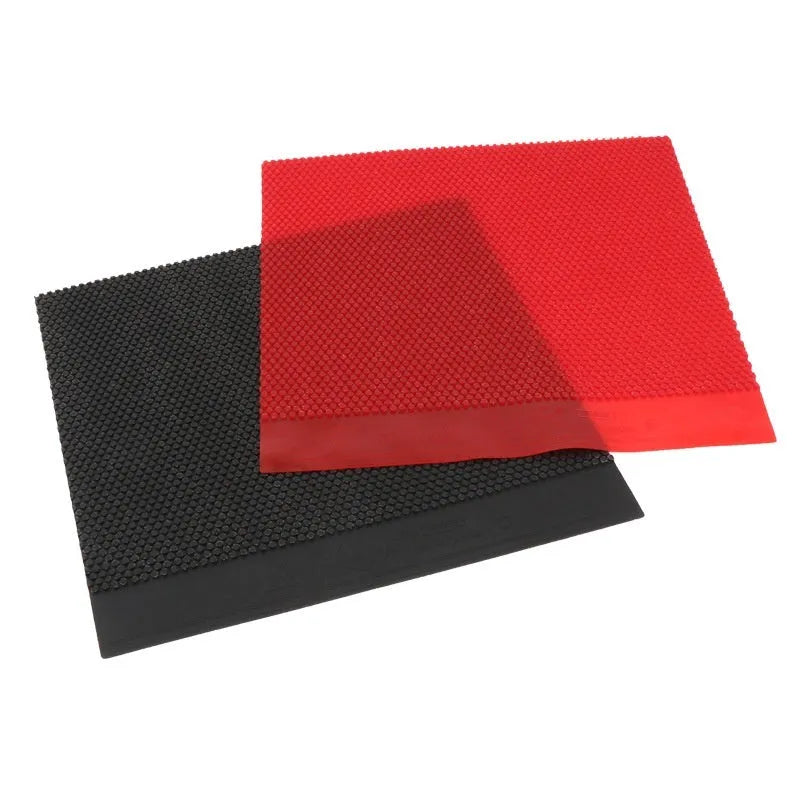 Single sheet of black and red raw rubber for table tennis rackets with small particle texture.