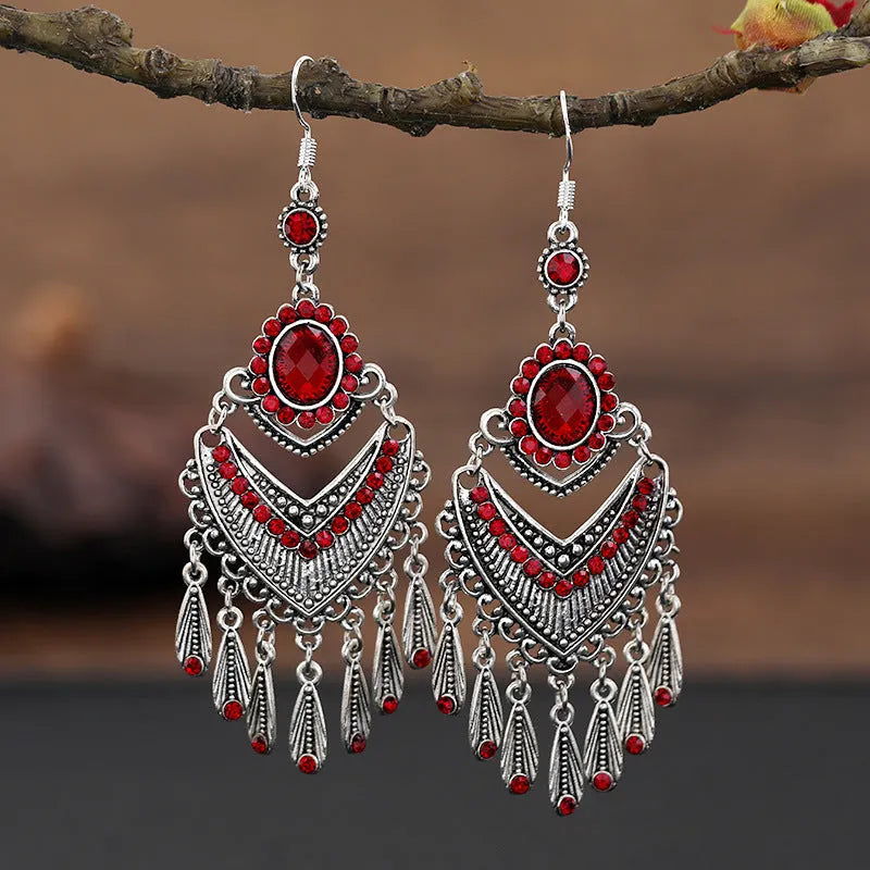 Retro purple alloy drop earrings with crystal elements and long fringe detailing