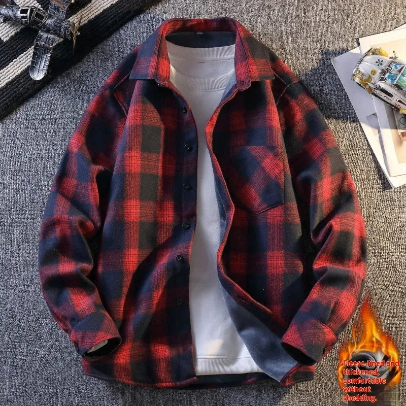 Men's turn-down collar long sleeve flannel shirt in yellow plaid with fleece lining