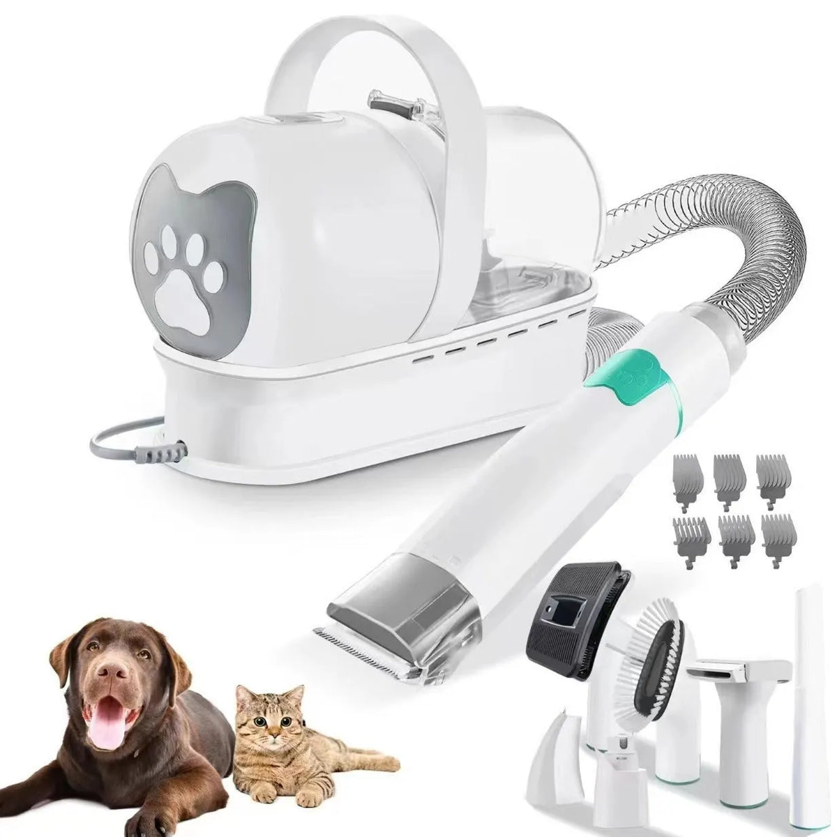 White ABS 7-in-1 dog grooming vacuum trimmer with Lady Shaver set and plug options