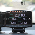X1 automotive OBD instrument with LED display and metal body showing 10mm size specification