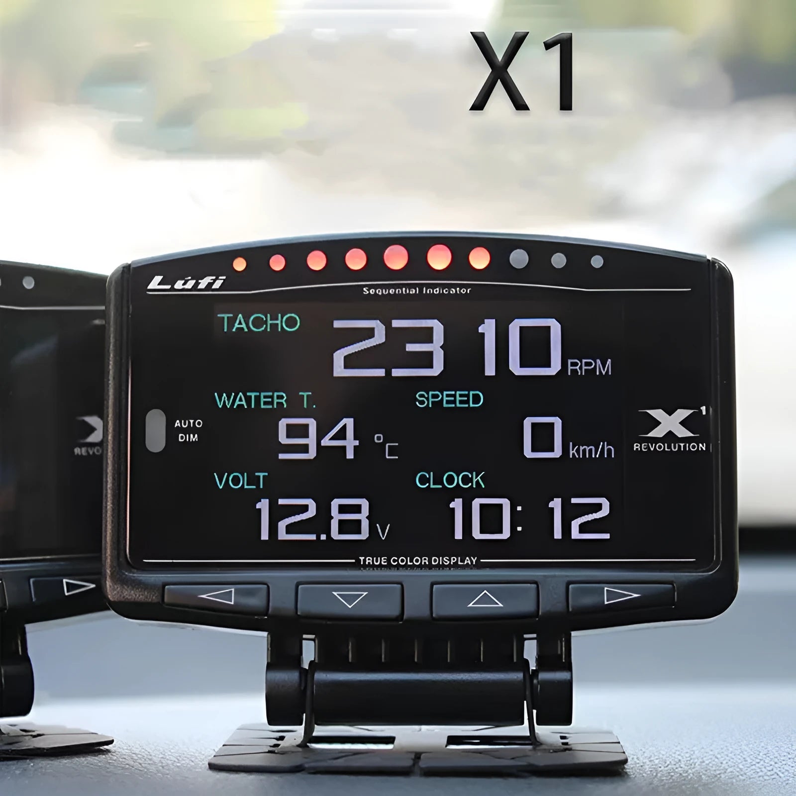 X1 automotive OBD instrument with LED display and metal body showing 10mm size specification