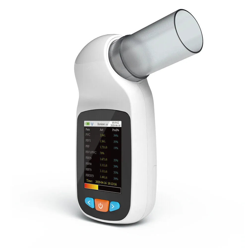 SP70B handheld digital spirometer with Bluetooth, measuring lung function parameters, 138 mm x 63 mm x 47 mm