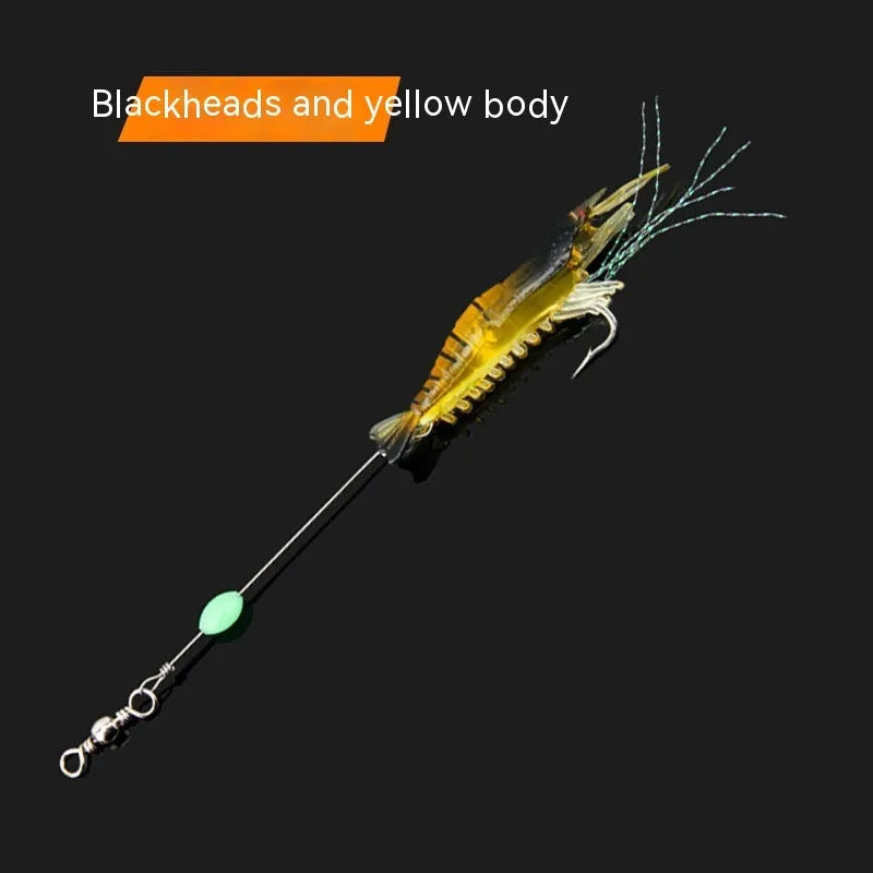 Six soft luer fishing lures with 4cm hooks in assorted colours including luminous pink and black head yellow body