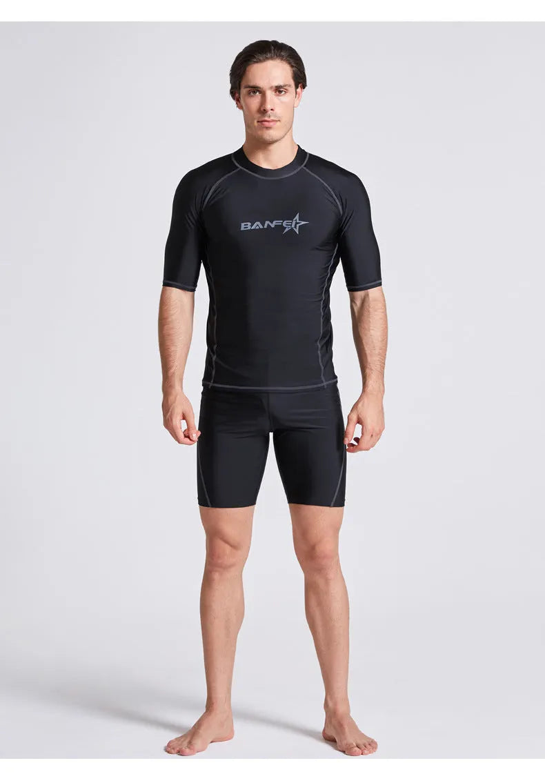 Men's quick-drying half sleeve swimsuit set in nylon fabric with matching swim pants