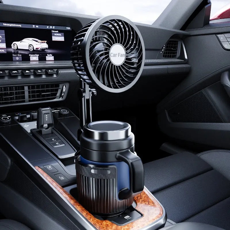 Car water cup holder fan in ABS, available in 4-inch and 6-inch sizes with 12V, 24V or 5V USB plug