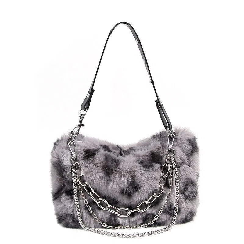 Plush shoulder bag with chain and leopard print detail, horizontal rectangular shape, single strap, available in grey, pink, apricot, and white.