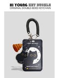 Plastic card sleeve with cartoon black cat design and attached ferrule pendant for keychain attachment