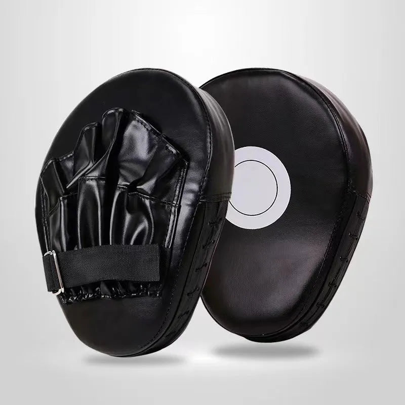 PU leather boxing punch mitts for martial arts training in red, black, blue, and yellow colour options.