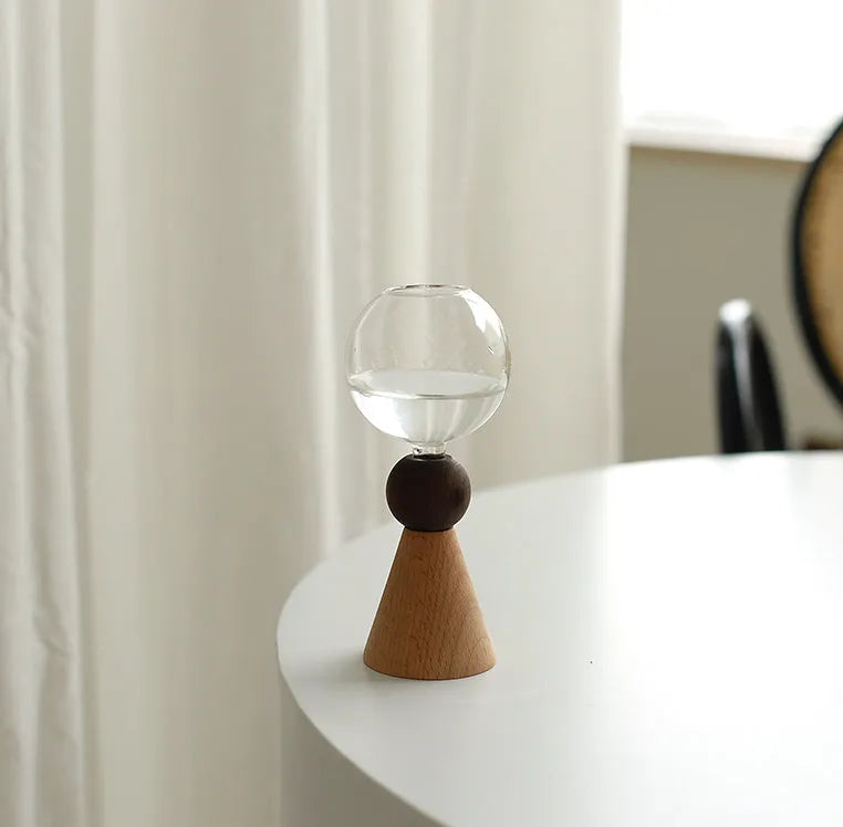 Wooden base geometric bubble vase with glass body, conical bottom, Nordic style home decor