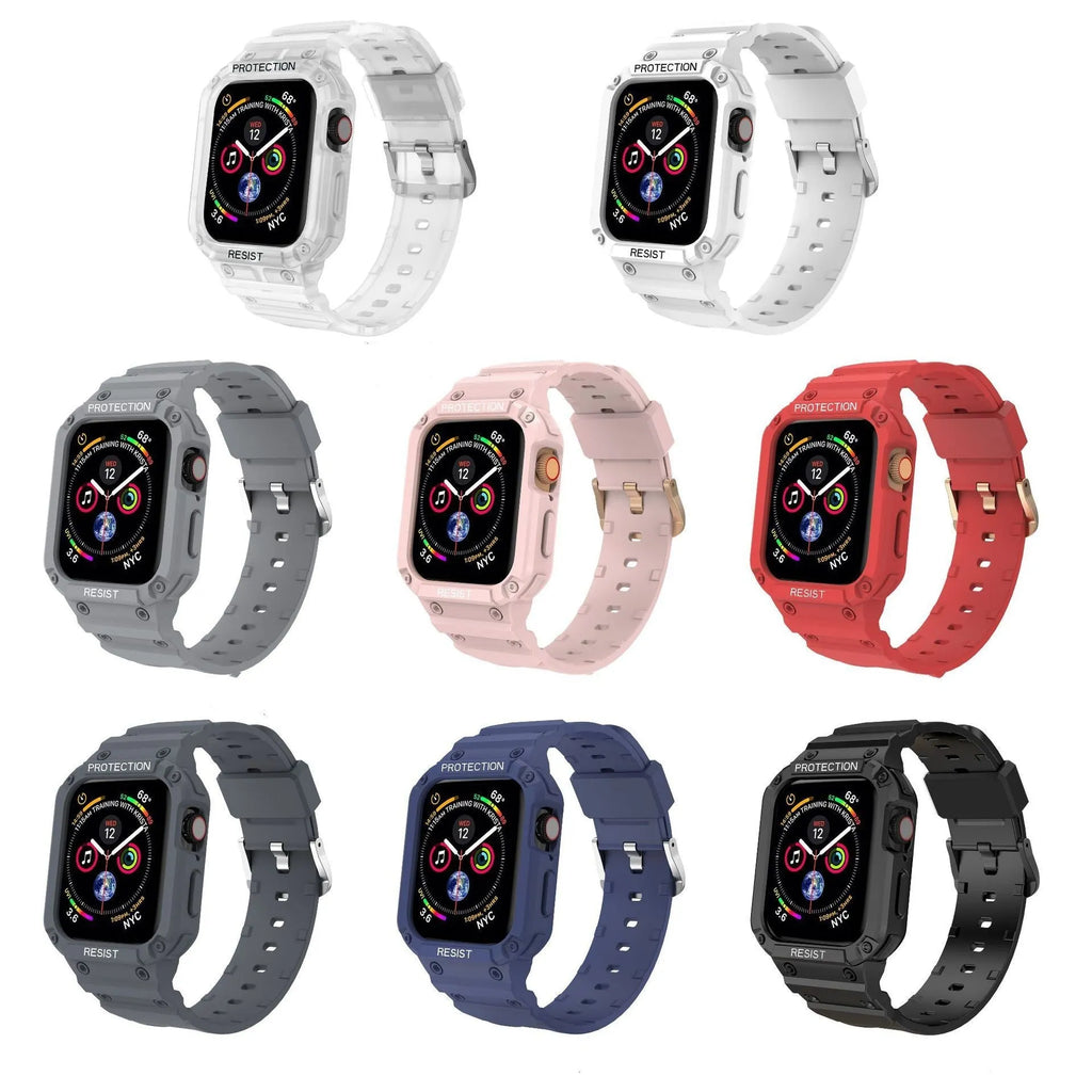 Soft sport TPU watch strap for Apple Watch Series 8 in multiple colour options showing 38mm and 42mm sizing
