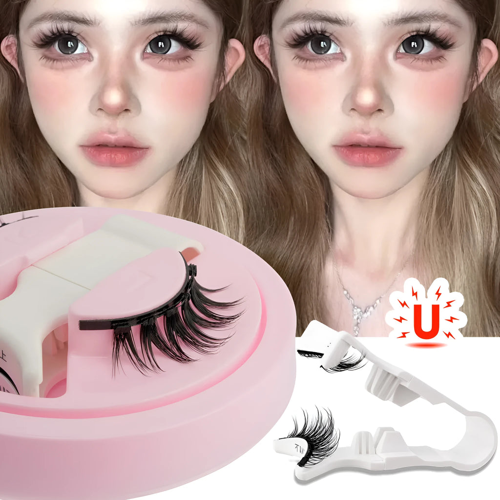 Glue-free reusable waterproof false eyelashes in thick artificial fibre, showing multiple style options.