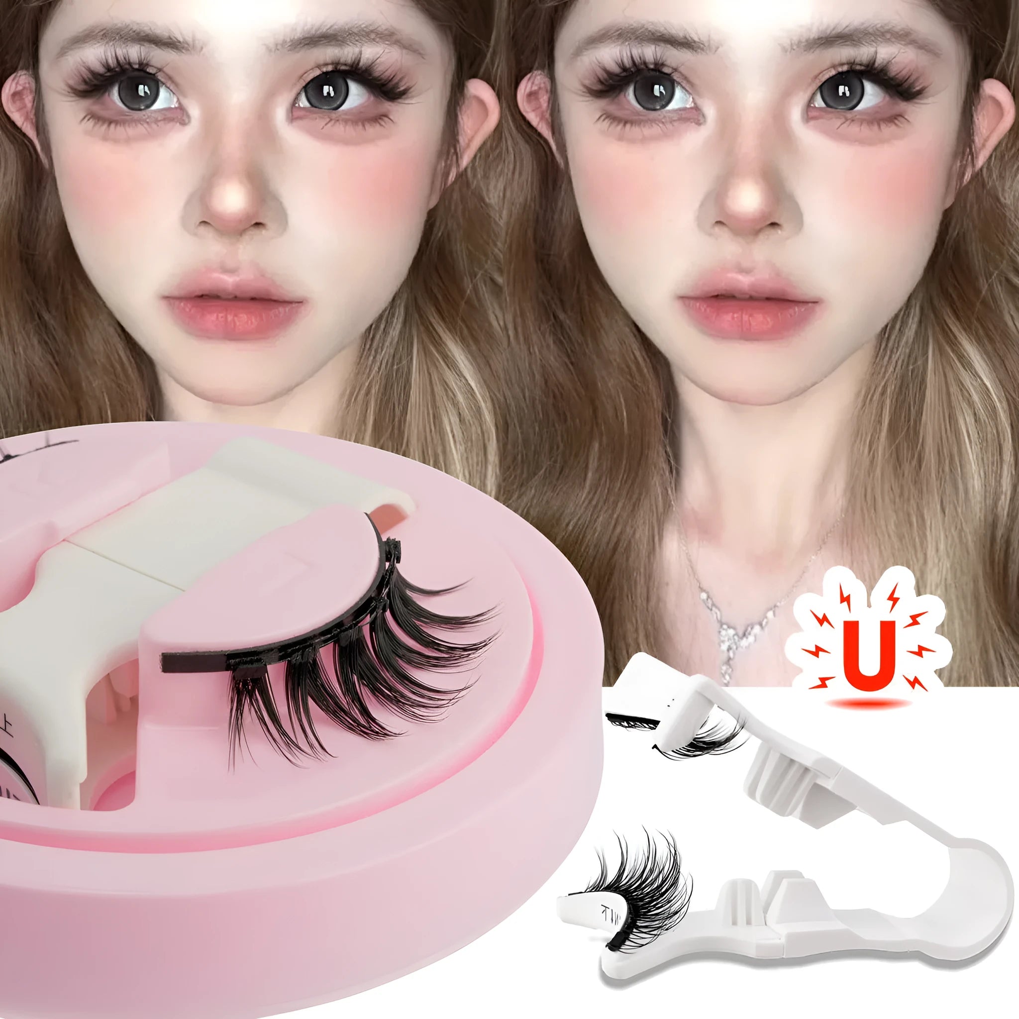 Glue-free reusable waterproof false eyelashes in thick artificial fibre, showing multiple style options.